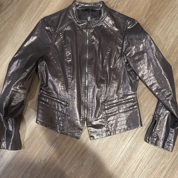 WHBM Silver dark grey Metallic Coated Foil moto jacket  White House Black Market - Picture 5 of 9